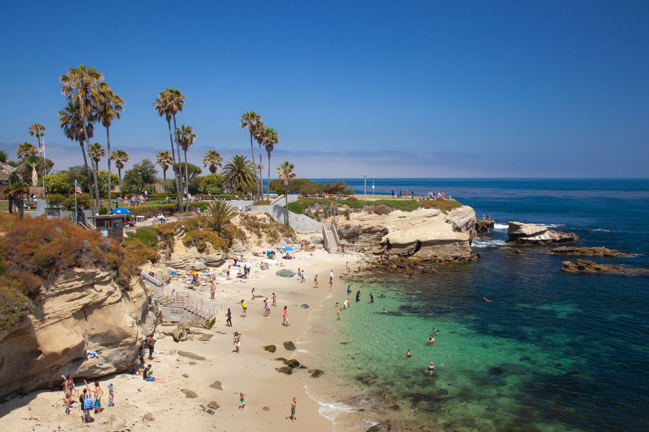 La Jolla Cove, with beach, coastal bluffs, and Scripps Park